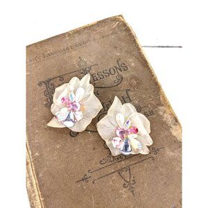 Vintage large floral acrylic beaded crystal metal clip on earrings